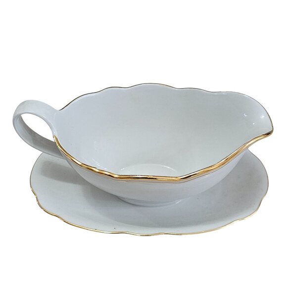 Bavaria Regency Gravy Boat Plate 16oz scallop edge gold trim Germany vtg Winterl - Picture 4 of 7
